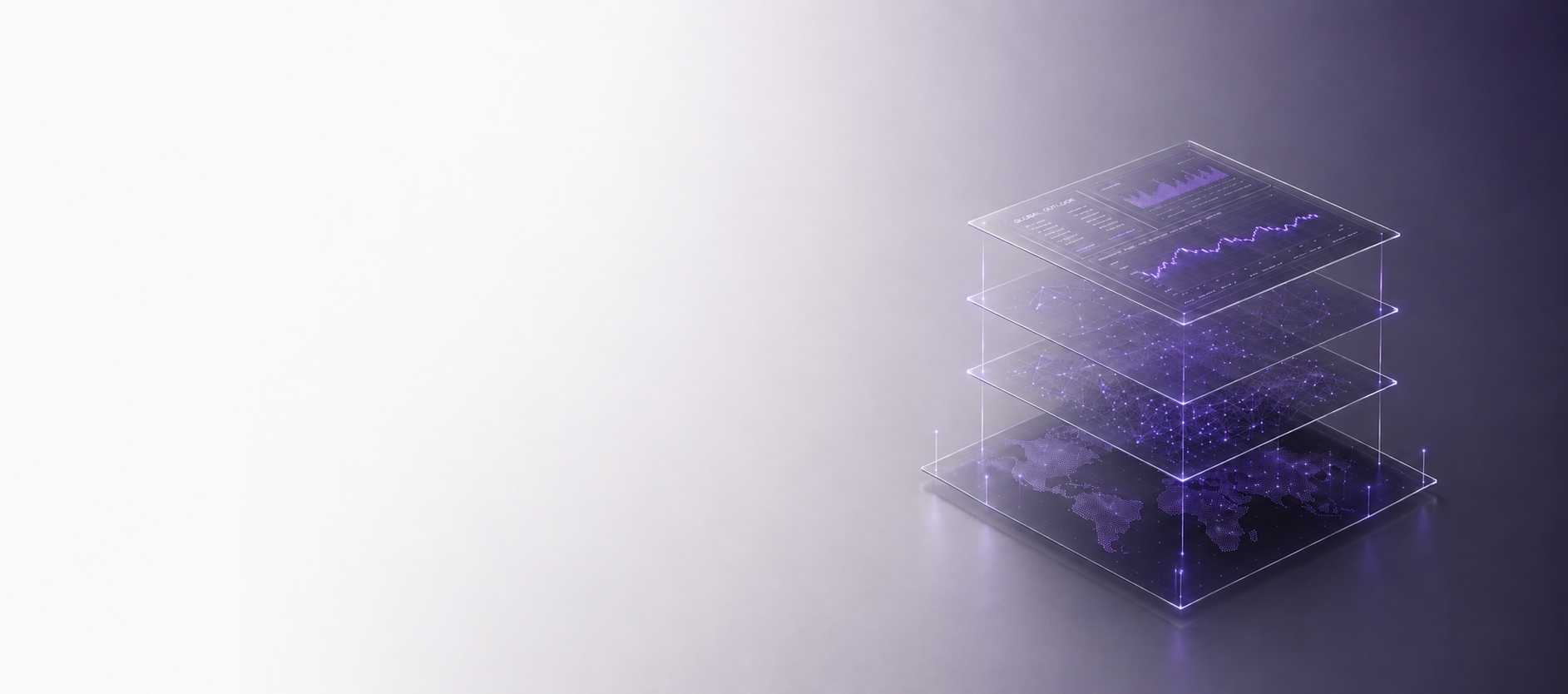 Layered translucent planes representing data, network topology, analysis and institutional insight